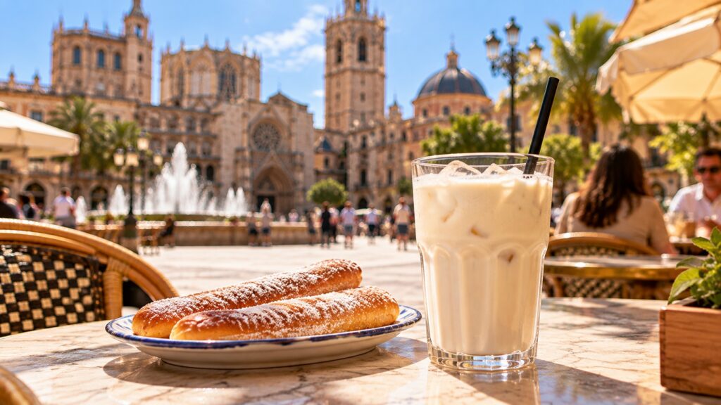 A glass of traditional Valencian horchata served with sugar-dusted fartons on an outdoor café table overlooking a sunny square in Valencia, Spain.