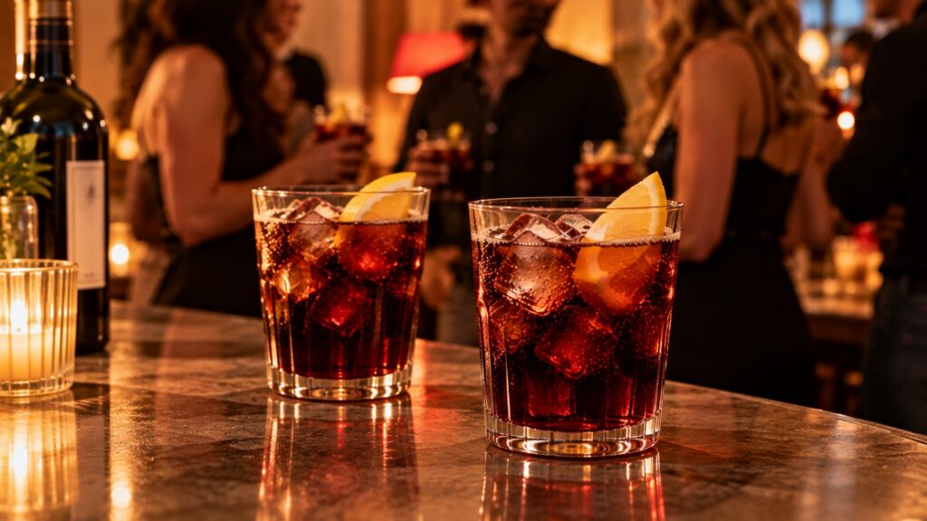 Two glasses of Kalimotxo with ice and lemon wedges on a table at a warmly lit indoor house party, with guests chatting in the background.