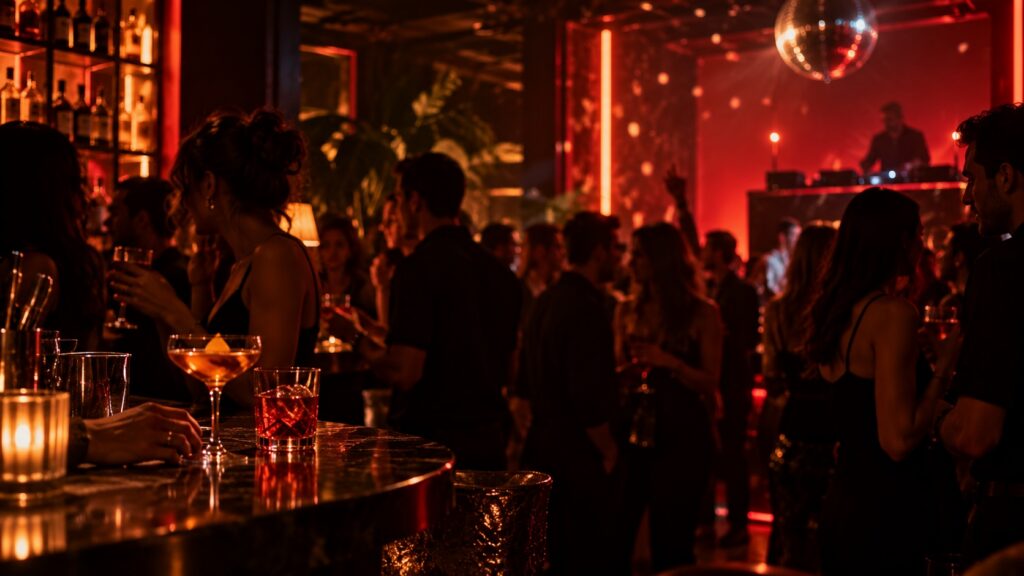 Lively nightclub with a crowded dance floor, DJ, cocktail bar and warm red lighting late at night.