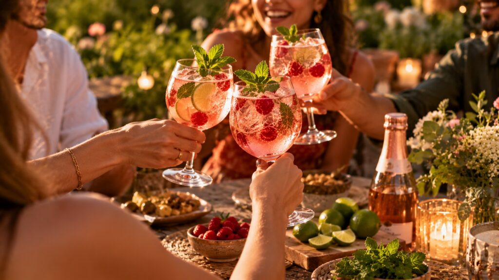 Friends raising raspberry Hugo Spritz cocktails garnished with mint, lime and fresh raspberries at a sunlit garden party, with flowers, candles and aperitivo snacks on the table.