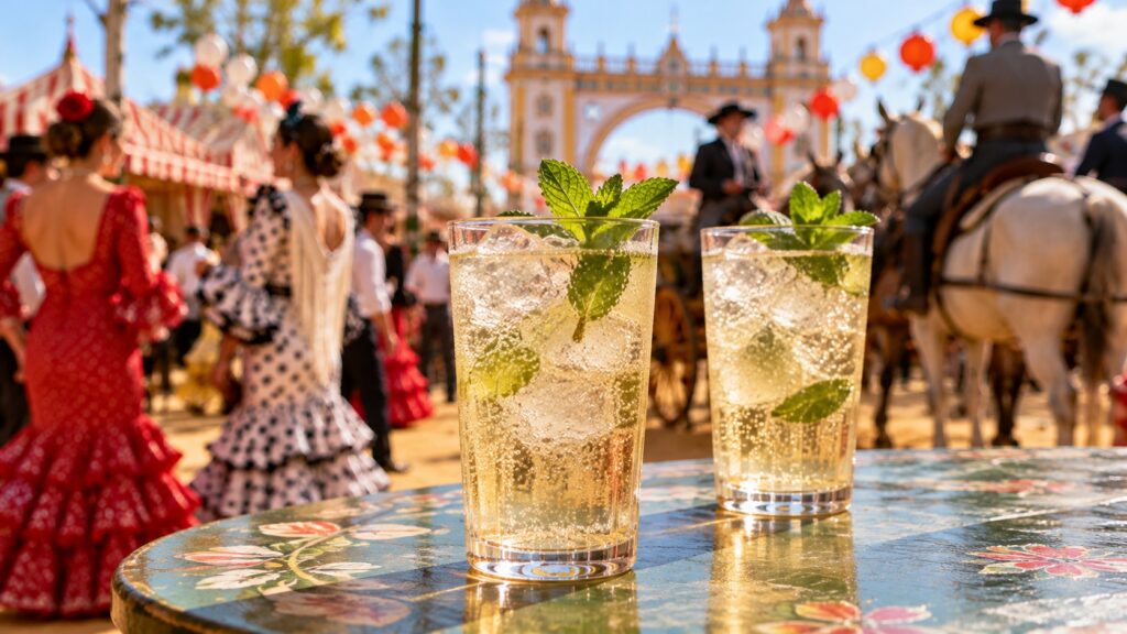 Two glasses of Rebujito with ice and fresh mint at Seville's Feria de Abril, with flamenco dresses, horses and colorful fairground decorations in the background.