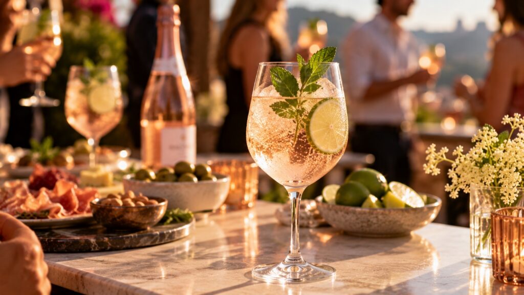 A pale pink spritz garnished with fresh mint and lime at an elegant outdoor aperitivo party, with a softly blurred bottle of sparkling rosé wine and guests in the background.
