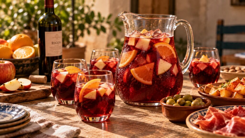 Pitcher of red wine Sangria with orange slices, chopped apples and ice, surrounded by glasses of Sangria and Spanish tapas on a sunlit terrace.