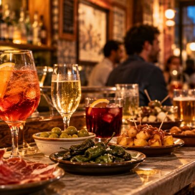 Drinks and traditional Spanish tapas, including olives, patatas bravas and cured ham, on the counter of a lively tapas bar in Spain.