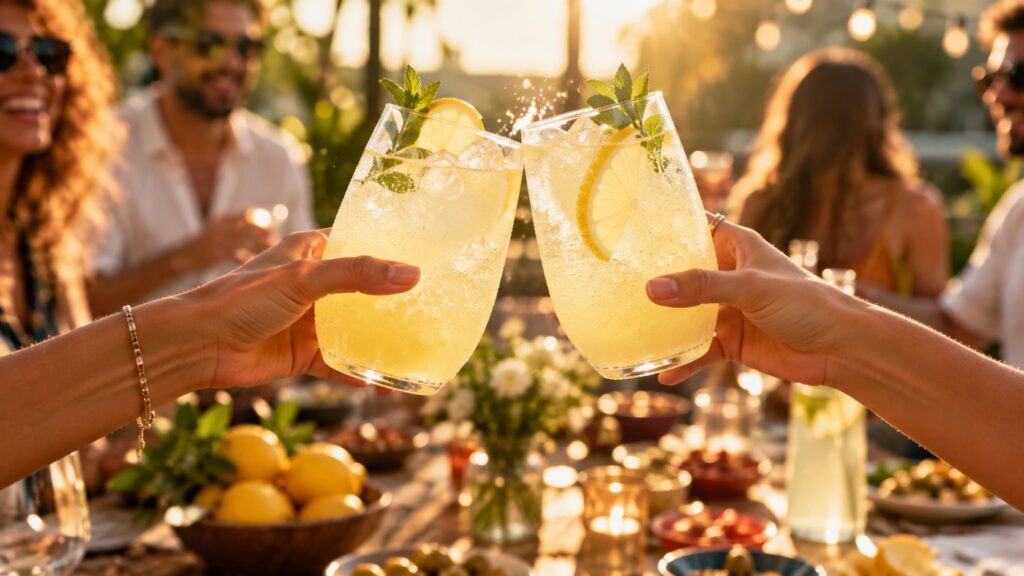 Two glasses of sparkling lemonade garnished with lemon and mint clinking together in a celebratory toast at a sunlit outdoor summer party.