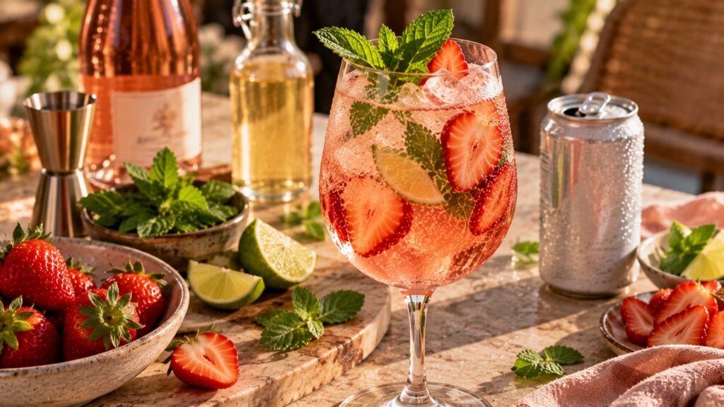Close-up of a pink strawberry Hugo Spritz with ice, strawberry slices, lime and fresh mint, alongside a chilled can of club soda, elderflower cordial and fresh ingredients on a sunlit table.