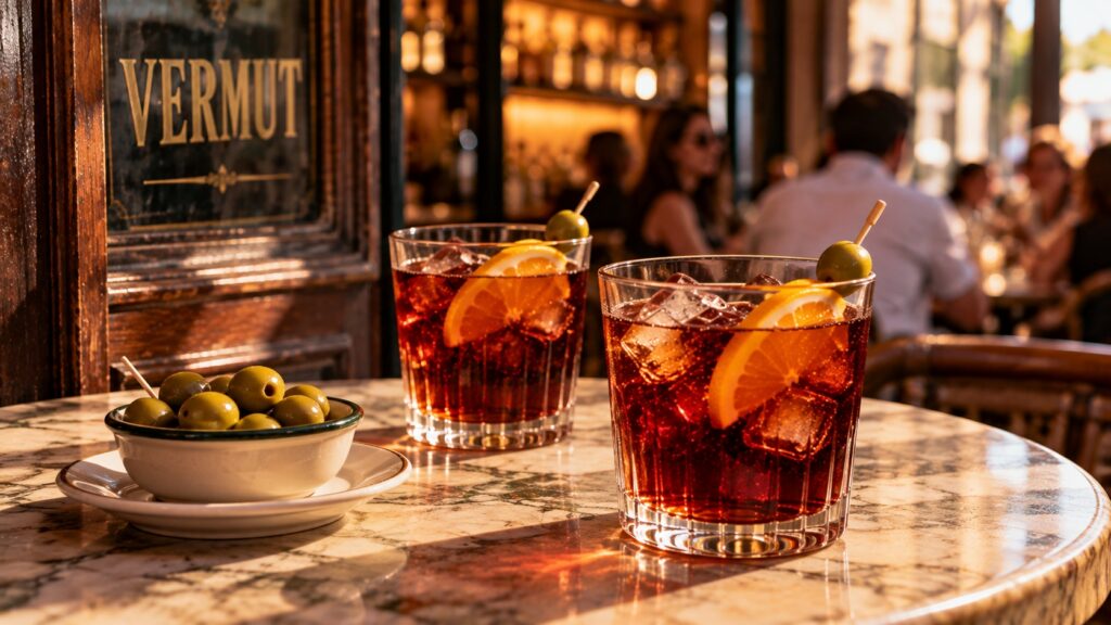Two glasses of traditional Spanish vermouth with ice, orange slices and olives, beside a small bowl of green olives at a warmly lit vermouth bar.