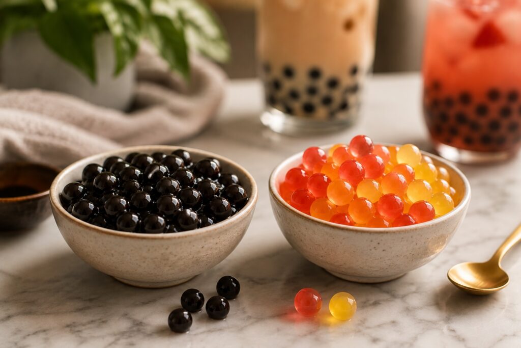 Two bowls placed side by side, one filled with glossy black tapioca pearls and the other with colorful bursting boba in shades of orange, yellow, and red.