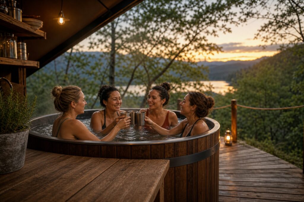 Four women clinking cups in a glamping hot tub.