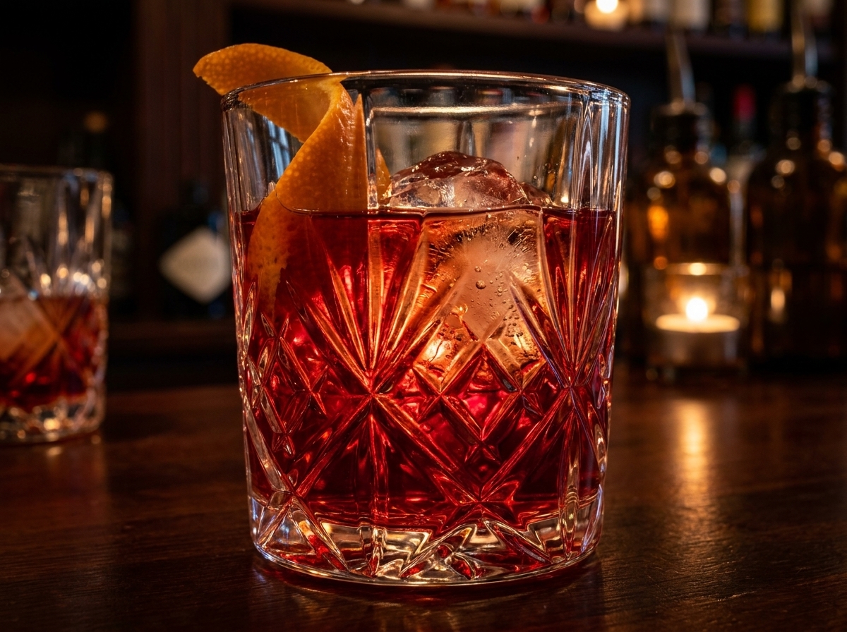 A glowing deep ruby Negroni with orange twist in a crystal glass at a candlelit Italian bar
