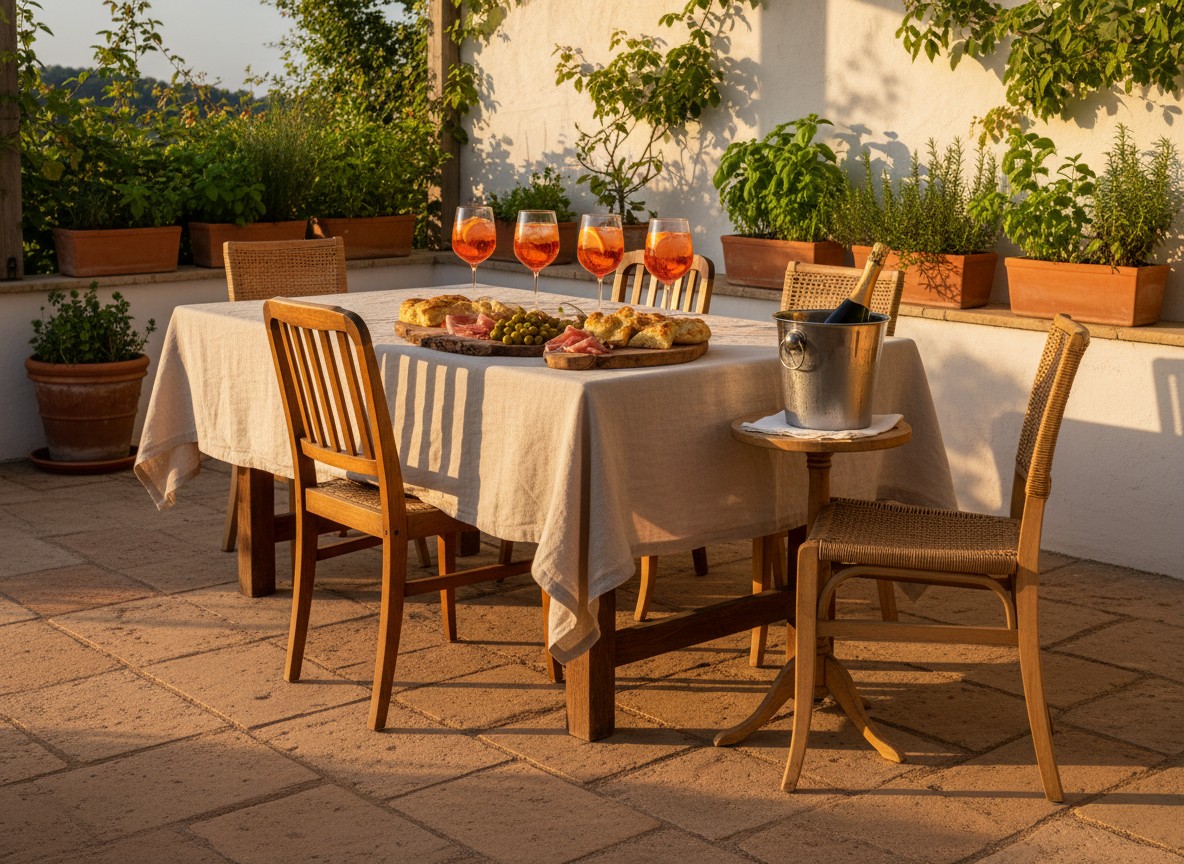A golden-hour home terrace table with three Aperol Spritzes, Prosecco, olives, and focaccia set for guests.