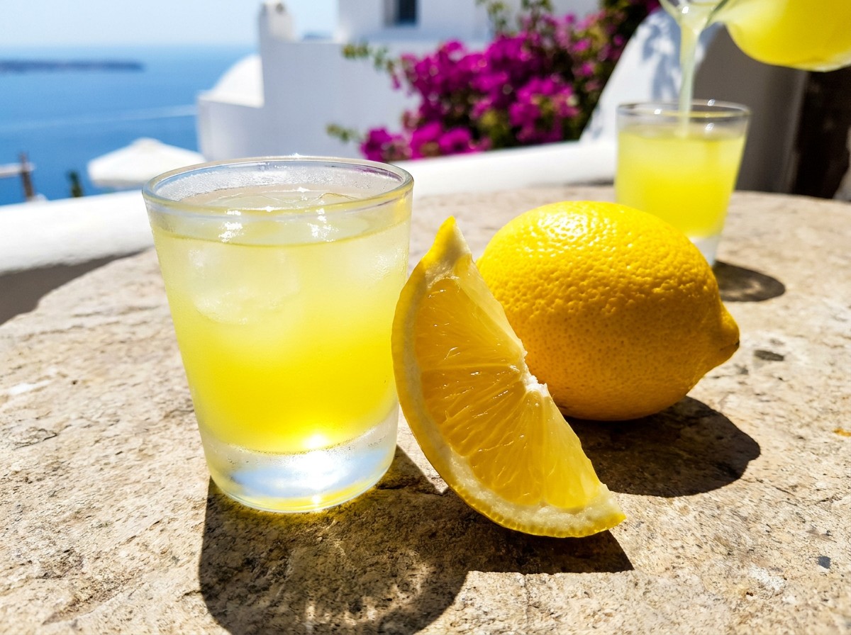 A frosted limoncello glass blazing electric yellow in harsh midday sun on a rough Amalfi stone table.