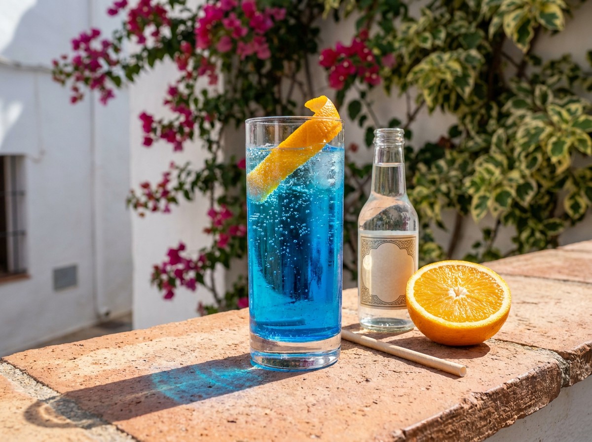 Blue Curaçao highball glowing on a terracotta wall ledge with bougainvillea, orange halves, and a small generic bottle beside it.