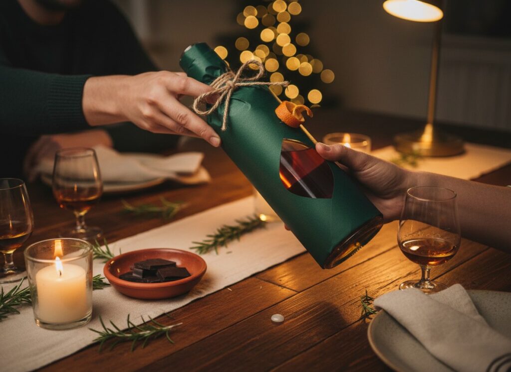 Wrapped bottle of aged rum being exchanged between hands at a candlelit holiday dinner table with crystal glasses, chocolate, and warm fairy‑light glow.