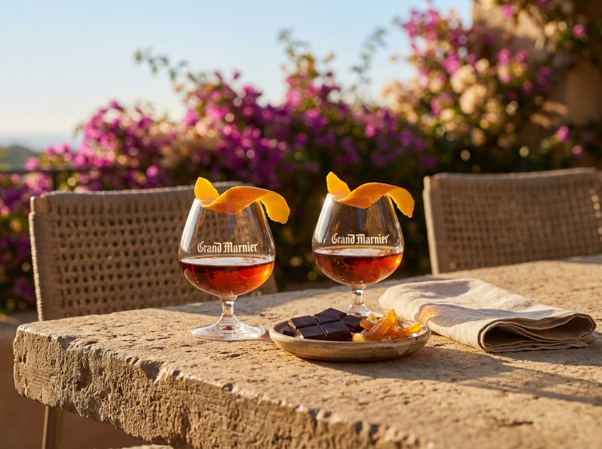 Two Grand Marnier snifters on a stone terrace table with candied orange peel and dark chocolate in warm golden-hour afternoon light.