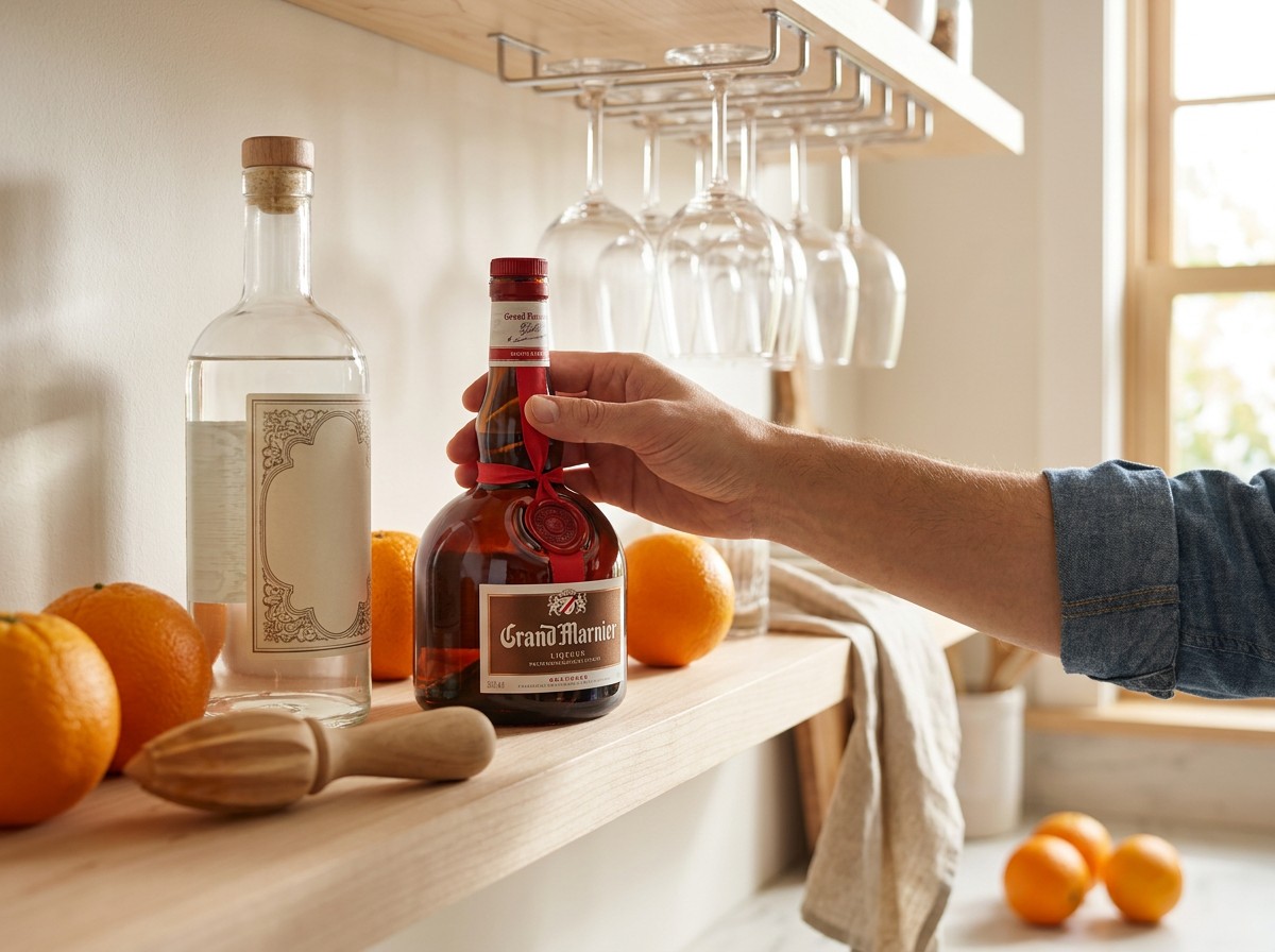 A hand reaching for a Grand Marnier bottle on a sunlit kitchen shelf stocked with orange liqueurs, fresh citrus, and hanging coupe glasses.