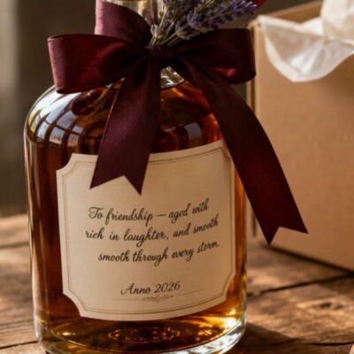 A personalized rum bottle tied with a burgundy ribbon and lavender sprigs, sitting on a rustic wooden table beside an open kraft gift box with tissue paper and a wax-sealed envelope.