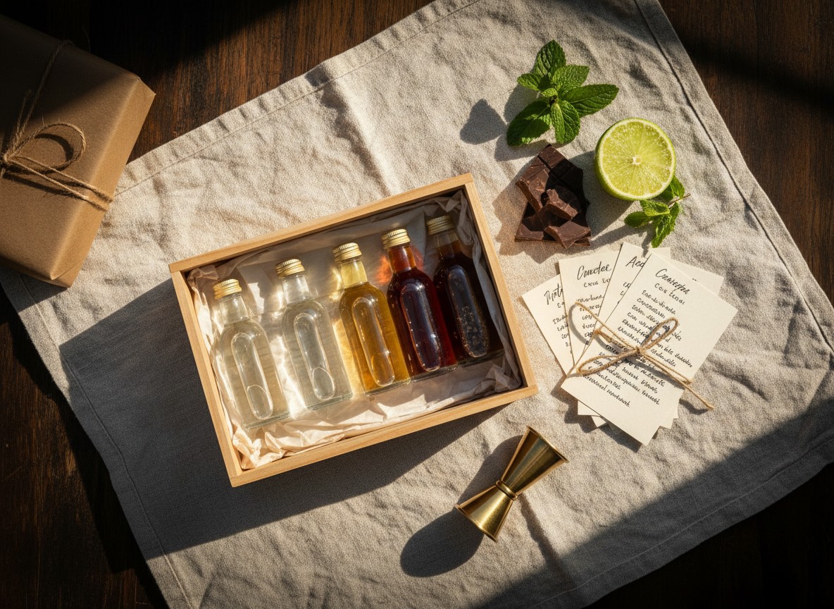 Flat‑lay of five miniature rum bottles in graduated colours with recipe cards, brass jigger, lime, and mint on cream linen.