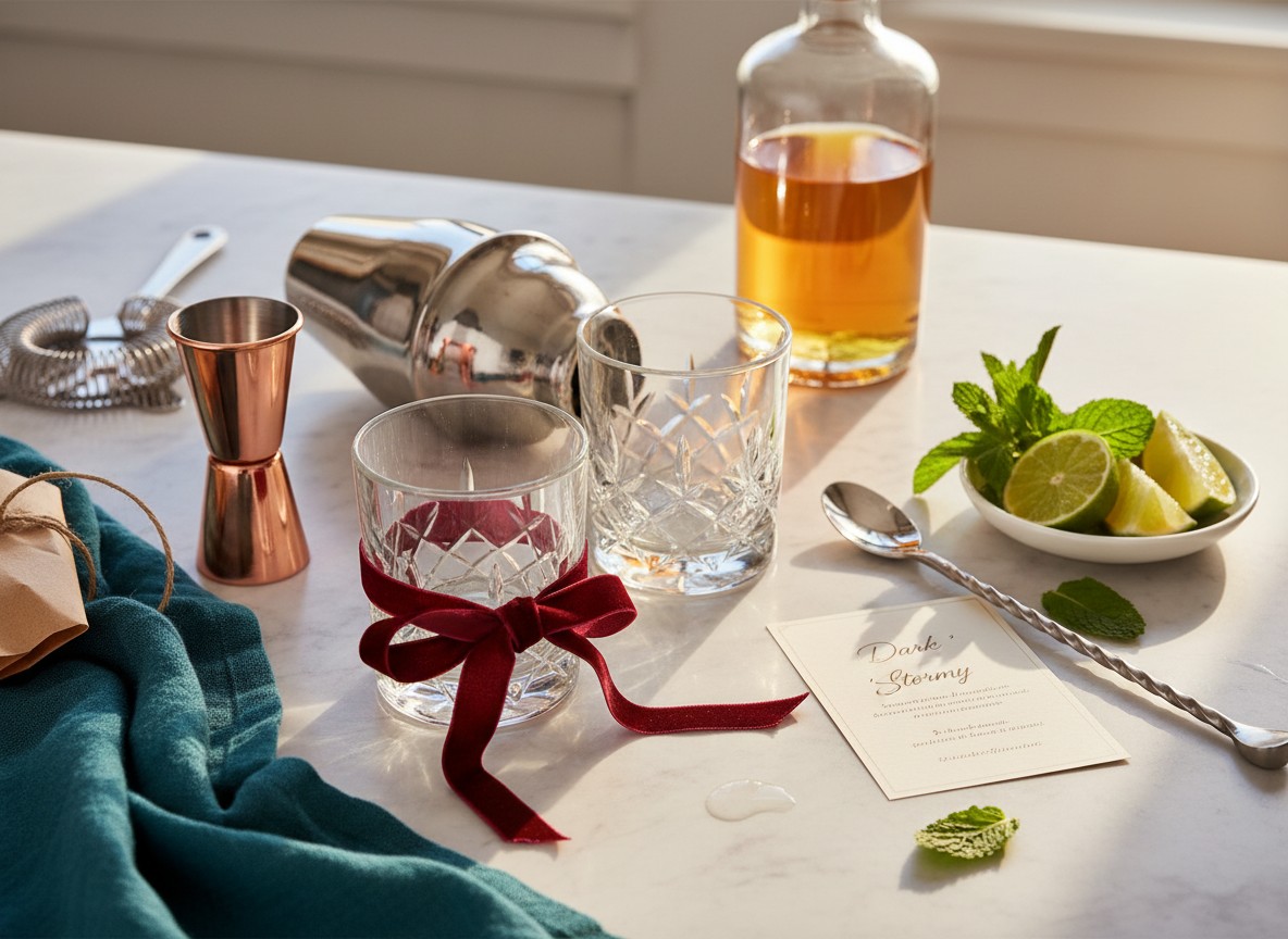 Rum cocktail gift set with crystal glasses, copper jigger, shaker, and golden rum bottle arranged on marble bar in golden afternoon light.