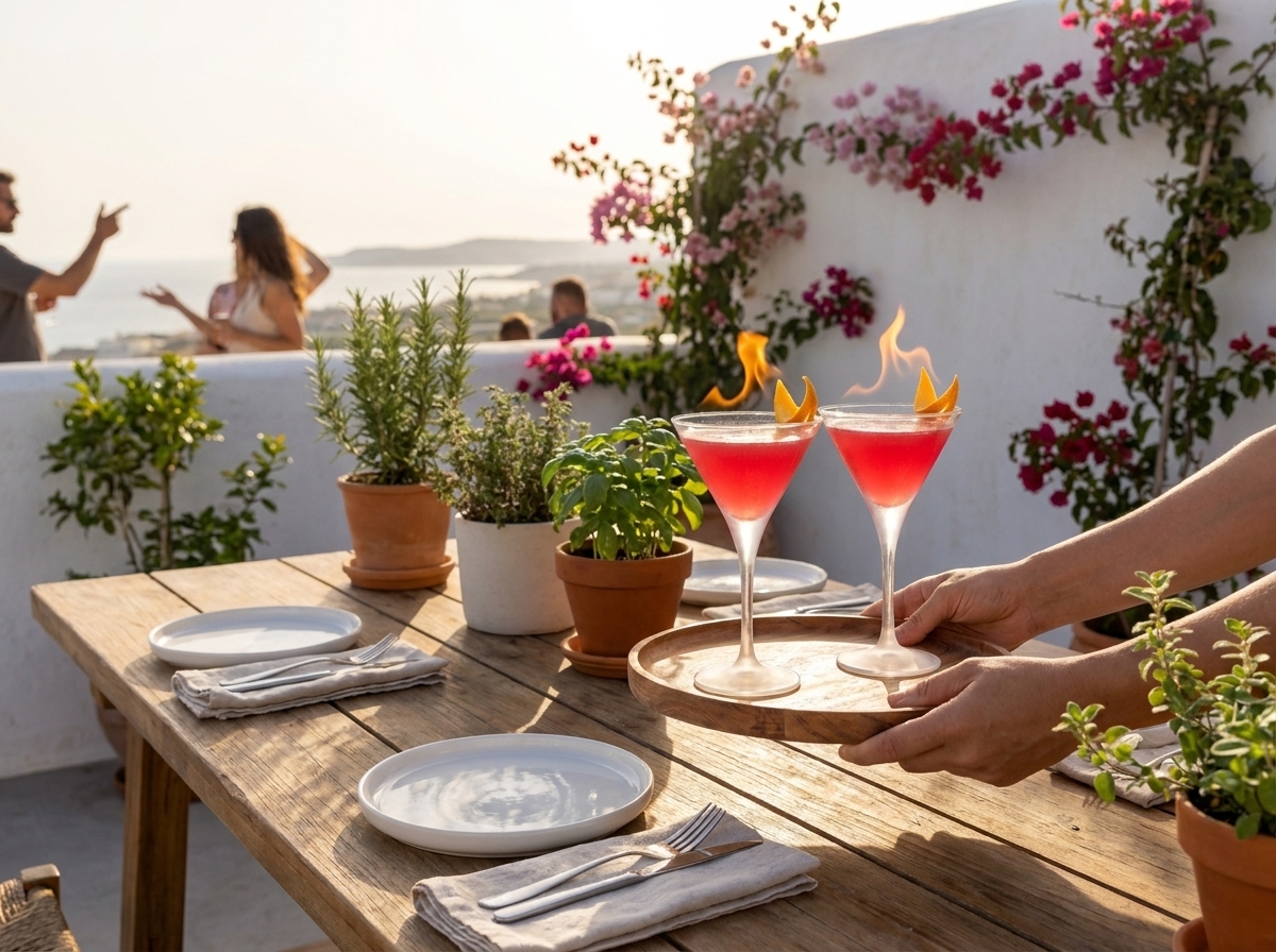 Two Cosmopolitan cocktails on a wooden tray being carried across a sun-bright rooftop terrace with Mediterranean coastline behind.