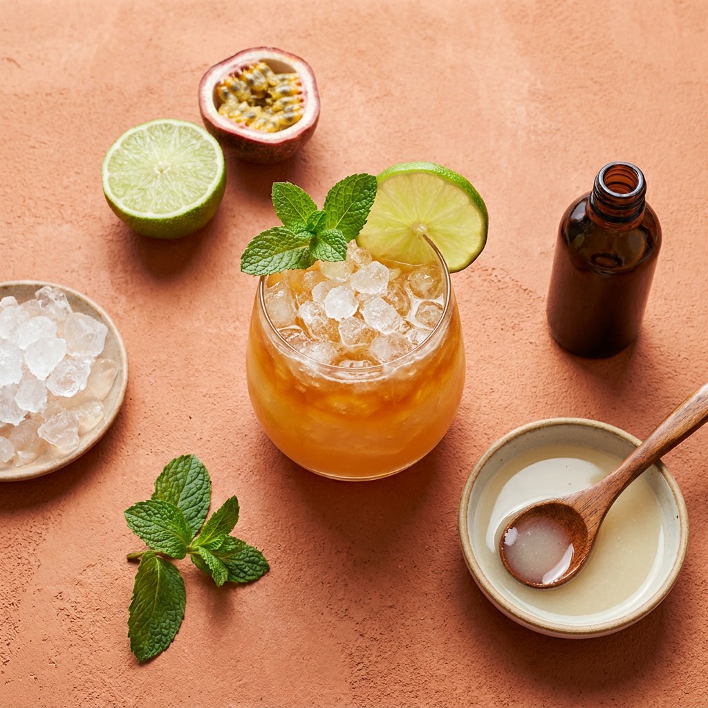 Overhead flat-lay of a Mai Tai cocktail surrounded by fresh lime, passion fruit, mint, and a small unlabelled rum bottle on warm terracotta.