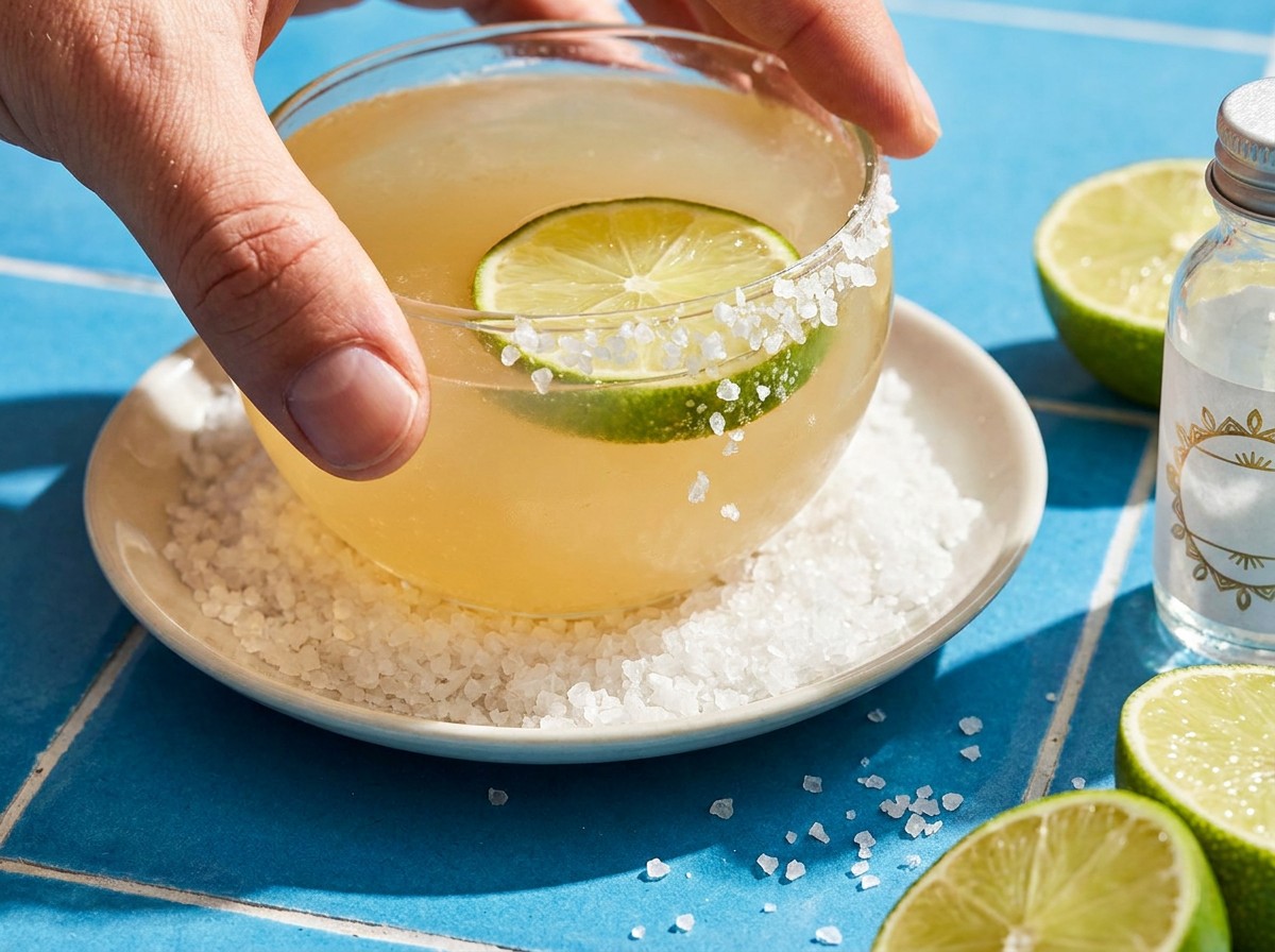 Close-up of a hand salting a Margarita coupe rim over a bright blue-tiled surface with cut lime and a generic liqueur bottle softly behind.