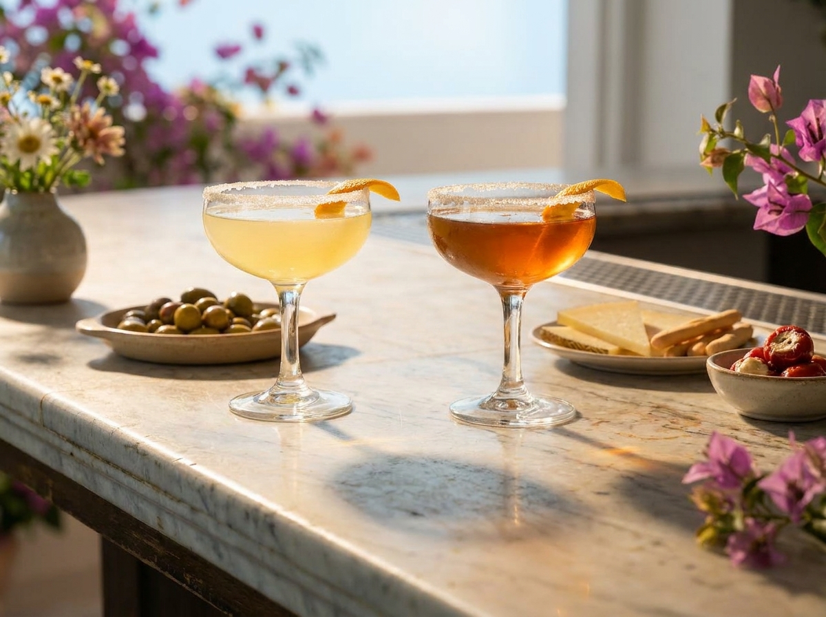 Two Sidecar cocktails side by side on marble — one pale triple sec, one deeper Grand Marnier amber — with sugar rims in lateral light.
