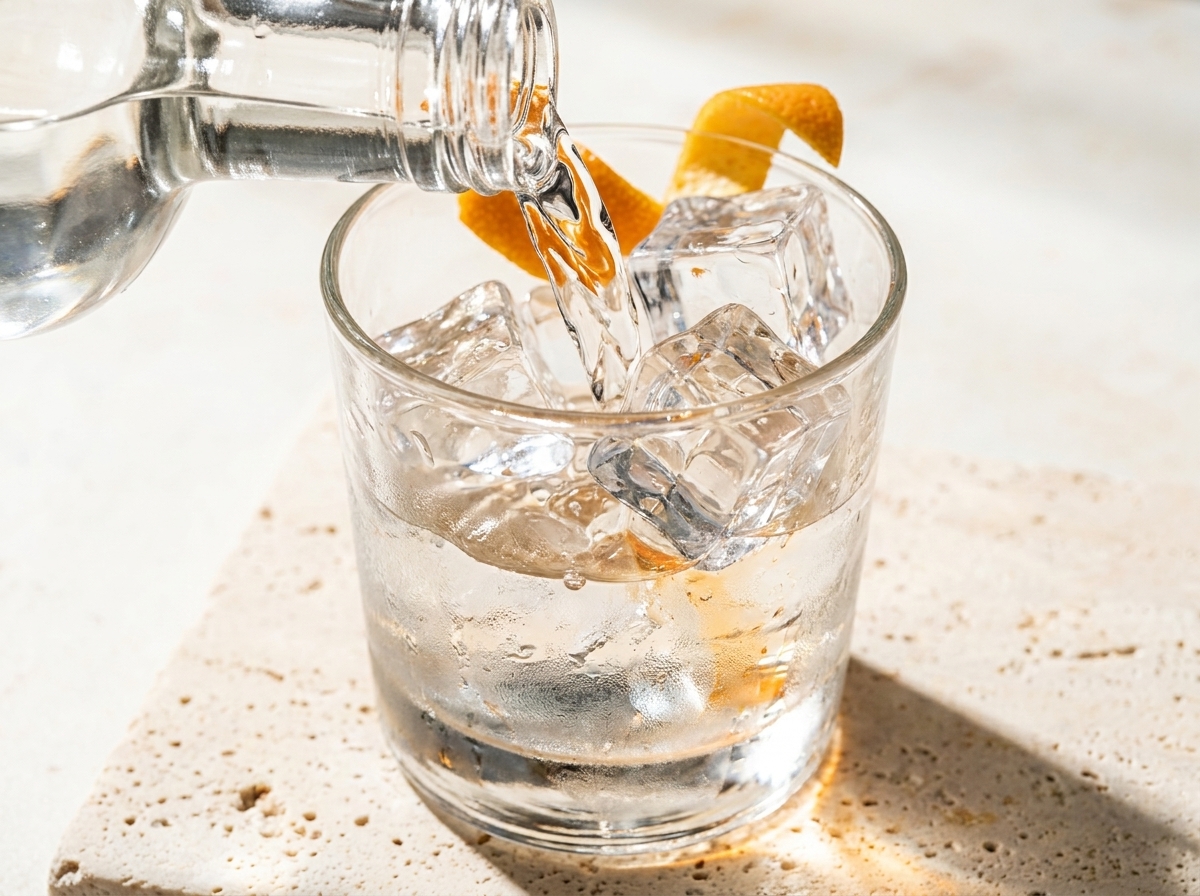 Close-up of clear triple sec pouring over ice in a rocks glass on a sunlit limestone surface with an orange peel curl on the rim.