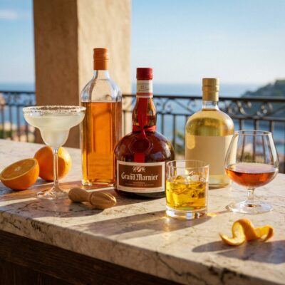 Grand Marnier and two orange liqueur bottles with Margarita, triple sec, and snifter on a marble terrace bar in golden-hour Mediterranean light.