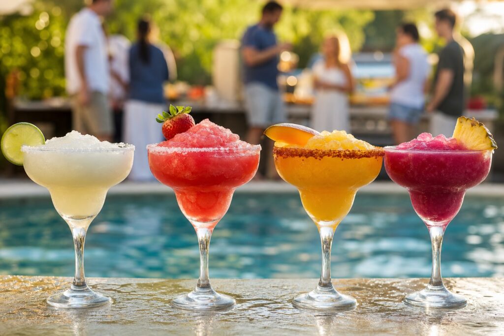 Close-up of four colorful frozen cocktails in frosty glasses with citrus garnishes and condensation, sharply focused in the foreground, with a blurred poolside barbecue scene and sunny outdoor gathering in the background.