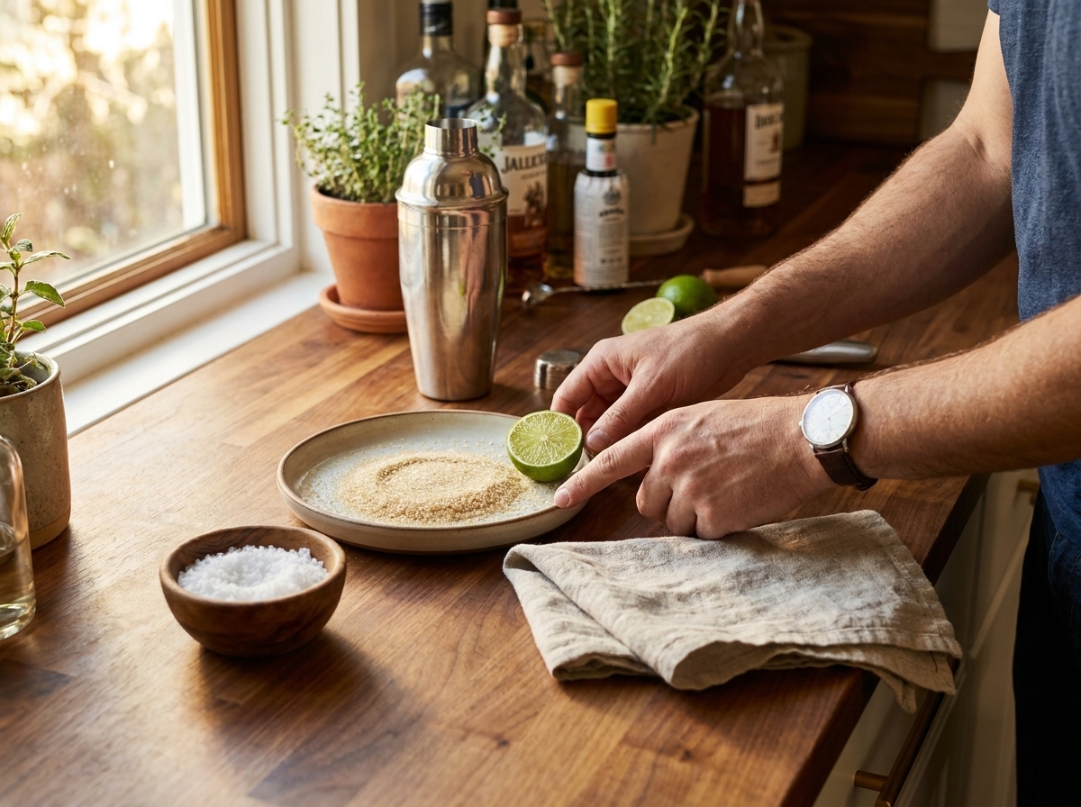 A person setting up cocktail rimming supplies including sugar, salt and a lime on a wooden kitchen counter