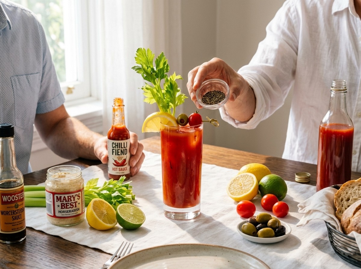 Brunch table Bloody Mary build-your-own spread with garnishes, condiments, and two people reaching in, in morning light.