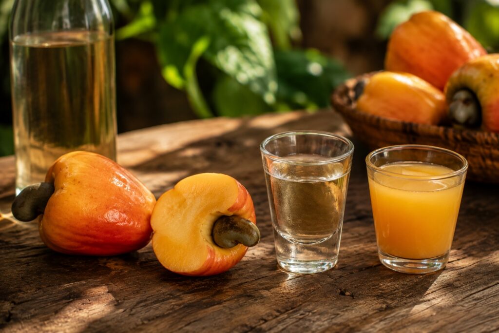 The ritual of Caju Amigo, with cachaça and cashew fruit and juice.