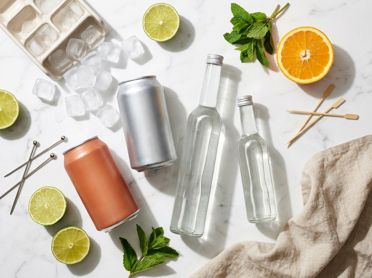 Overhead flat-lay of premixed cocktail cans and unlabeled bottles on white marble with ice, limes, orange, and mint.