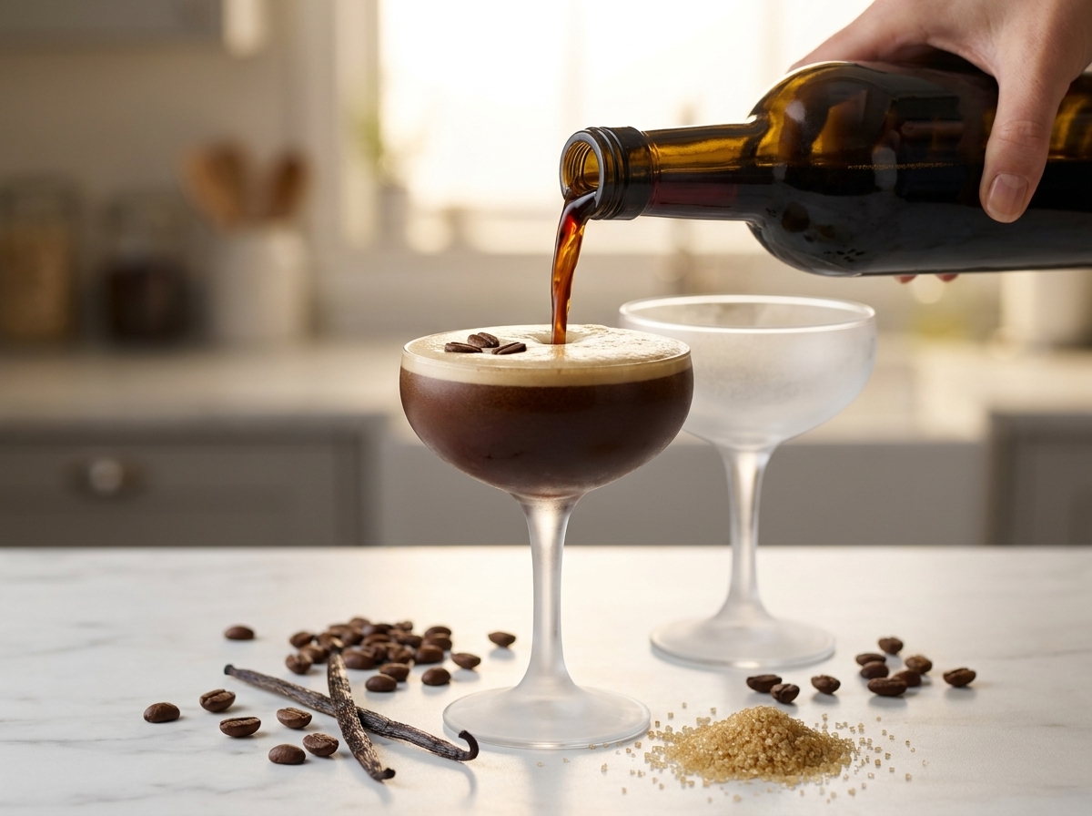 Premixed Espresso Martini poured into a frosted coupe glass with coffee beans, vanilla, and sugar on white marble.