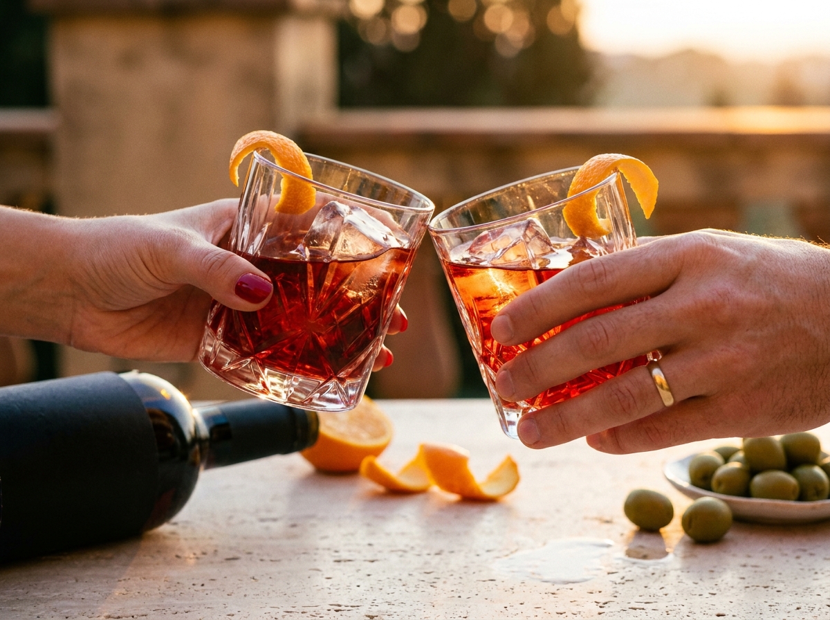 Two premixed Negronis mid-clink in crystal tumblers at golden hour, two pairs of hands, orange peel scatter on travertine.