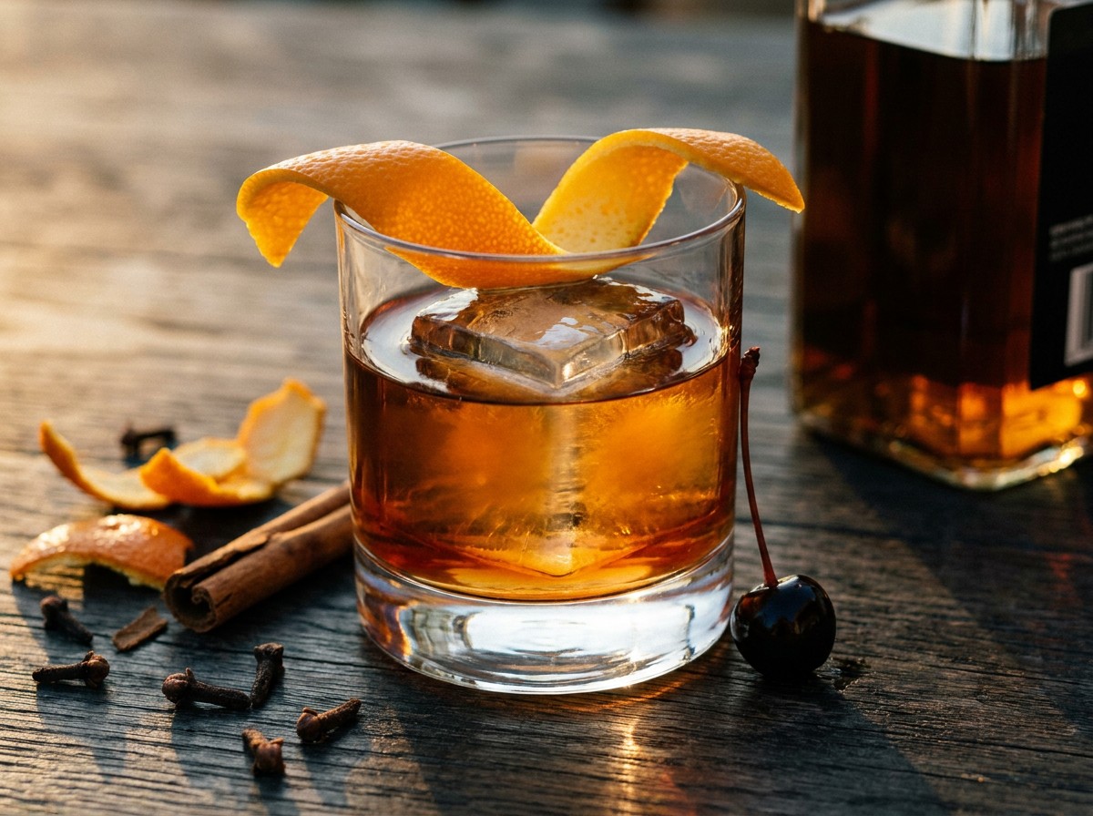 Premixed Old Fashioned in a crystal lowball glass with large ice cube, orange peel, and spice scatter on dark oak.