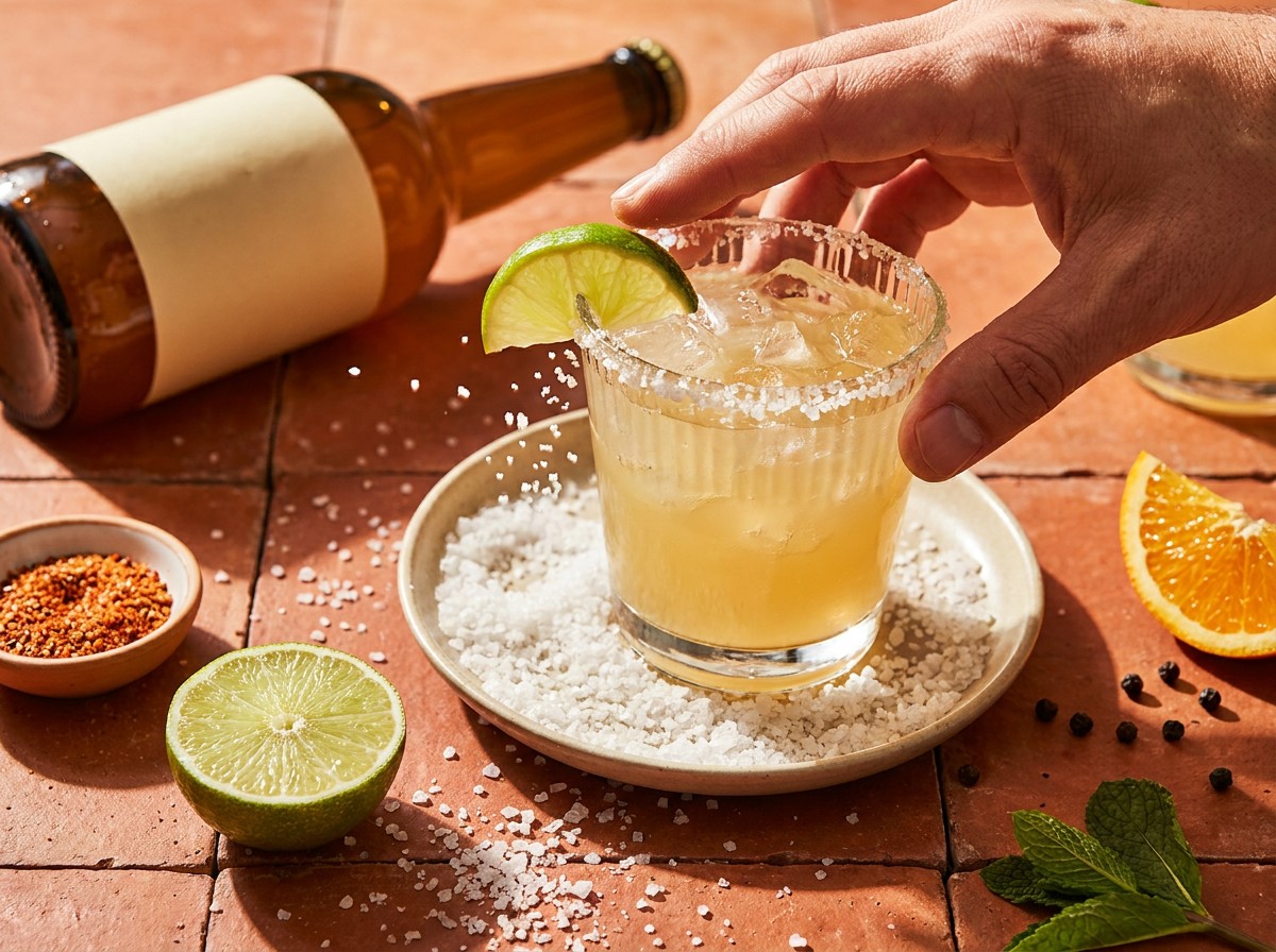 Hand pressing a Margarita glass rim into sea salt with lime, Tajin, and citrus scattered on a terracotta surface.