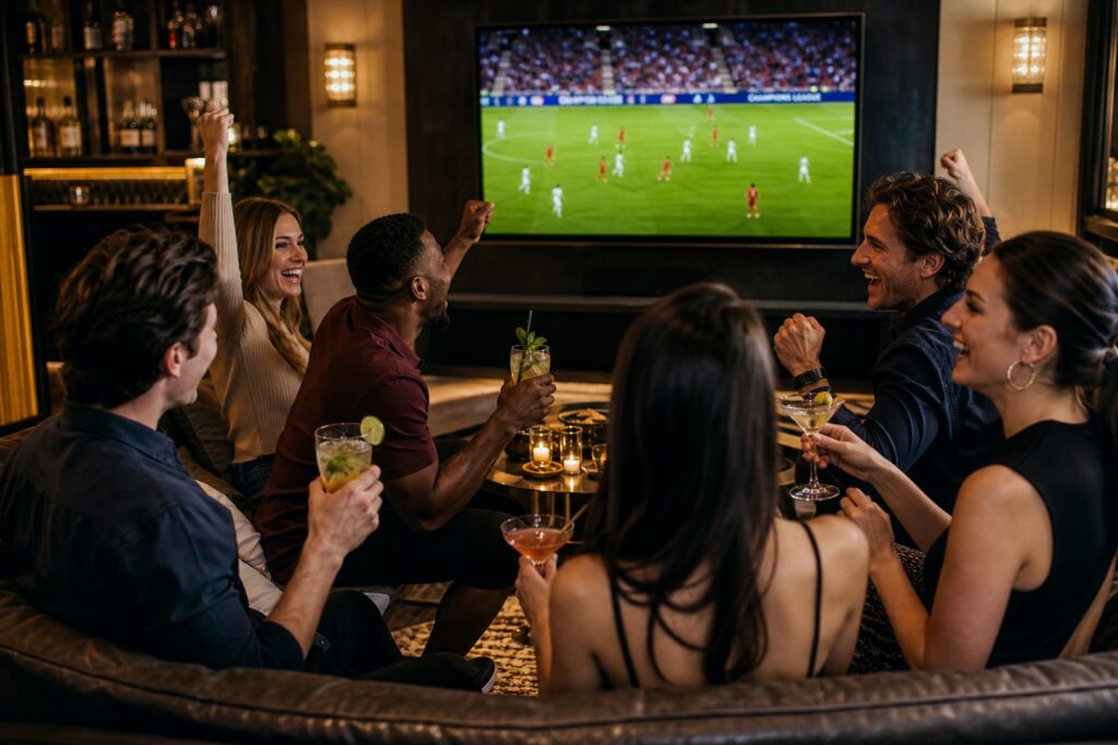 Friends cheering on a football match while holding cocktails in a stylish lounge.