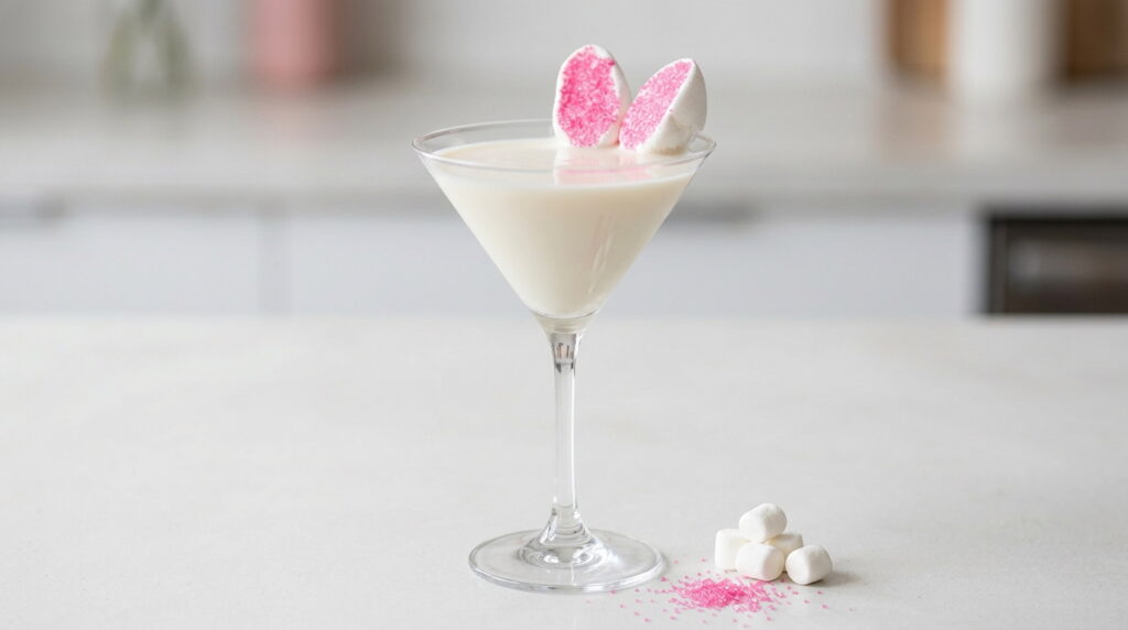 Martini glass filled with a creamy white dessert drink, topped with pink-sprinkle marshmallows, on a table with extra marshmallows and pink sprinkles nearby.