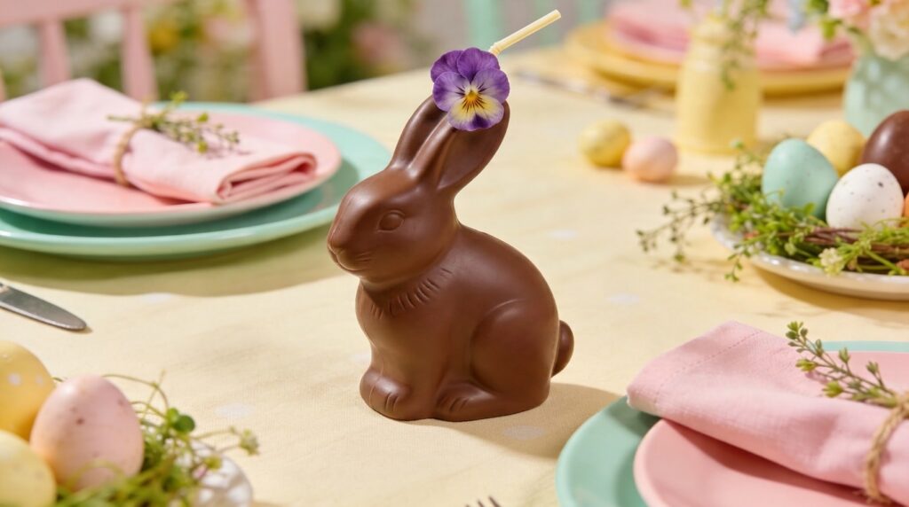 Easter chocolate bunny on a festive lunch table, with a small hole between its ears holding a straw and edible flower.