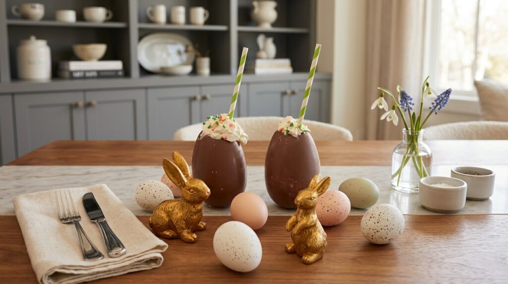 A landscape brunch scene with drinks and decorative eggs arranged on a table set for lunch.