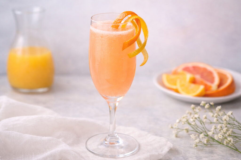 Peachy mimosa in a flute, with orange peels as garnish and orange juice and slices of oranges on the side