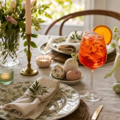 A realistic landscape photo of an elegant Easter dining table decorated with spring flowers, painted eggs, candles, fine plates, and linen napkins, with a stylish orange-red cocktail in a stemmed glass as the focal point