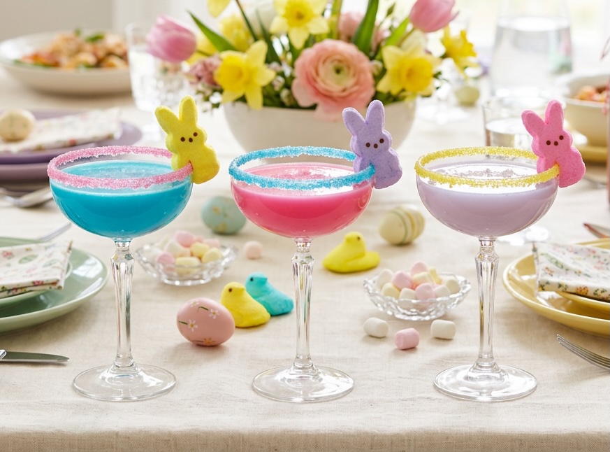 Three colourful Peep cocktails on an Easter lunch table, each with a different drink color, sugared rim, and Peep garnish.