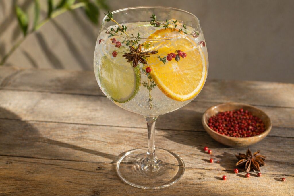 spanish gin and tonic served in a copa glass with spices like star anis and slices of citrus fruit