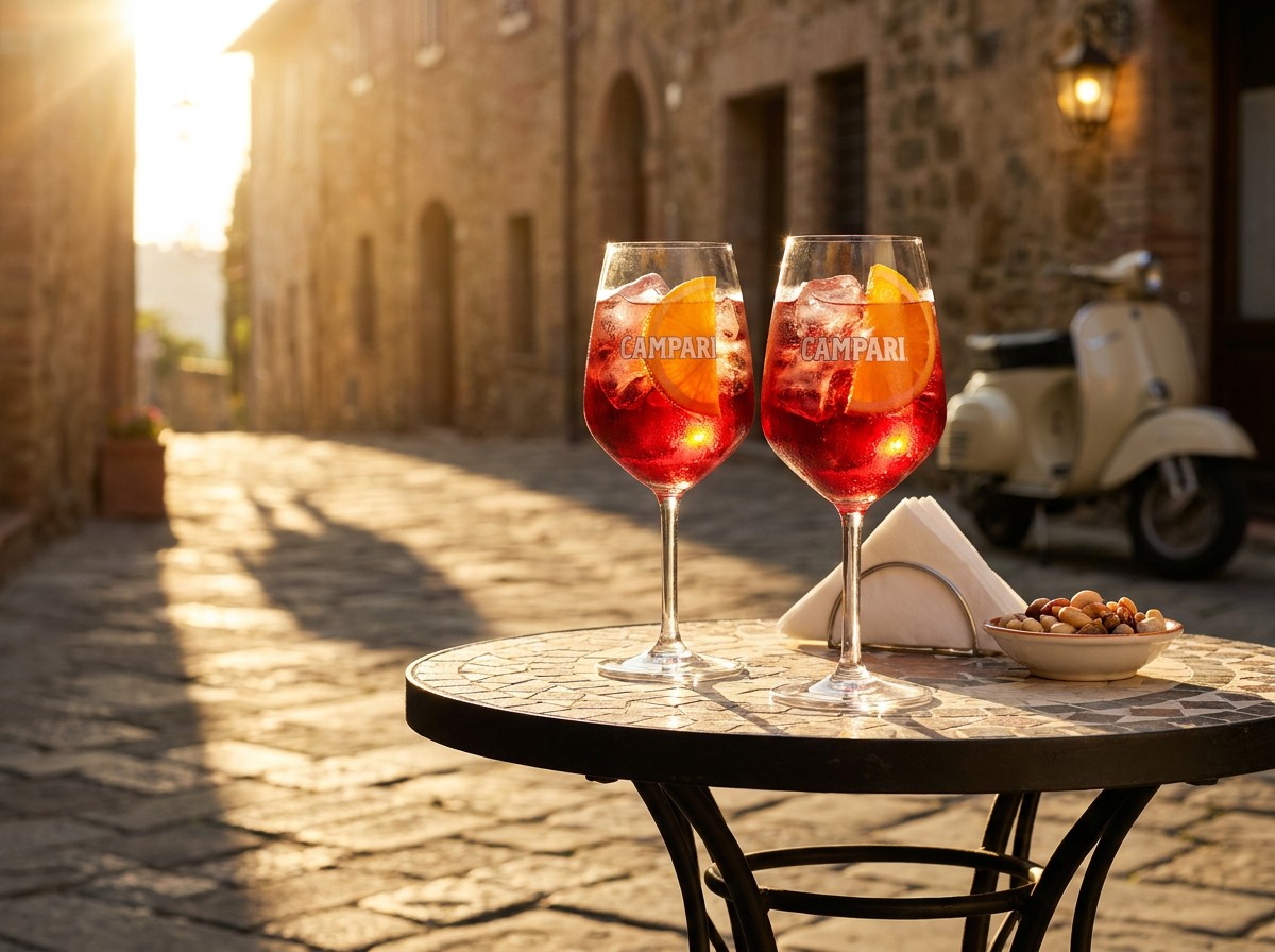 Two vivid Campari Spritzes on a cobblestone Italian street bar table in warm late-afternoon golden light.