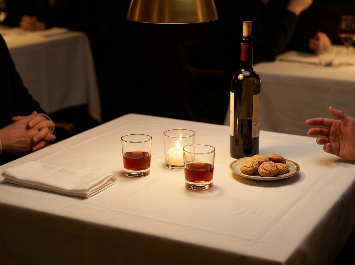 Two small amaro glasses glowing on a candlelit Italian restaurant table after dinner with amaretti biscuits.
