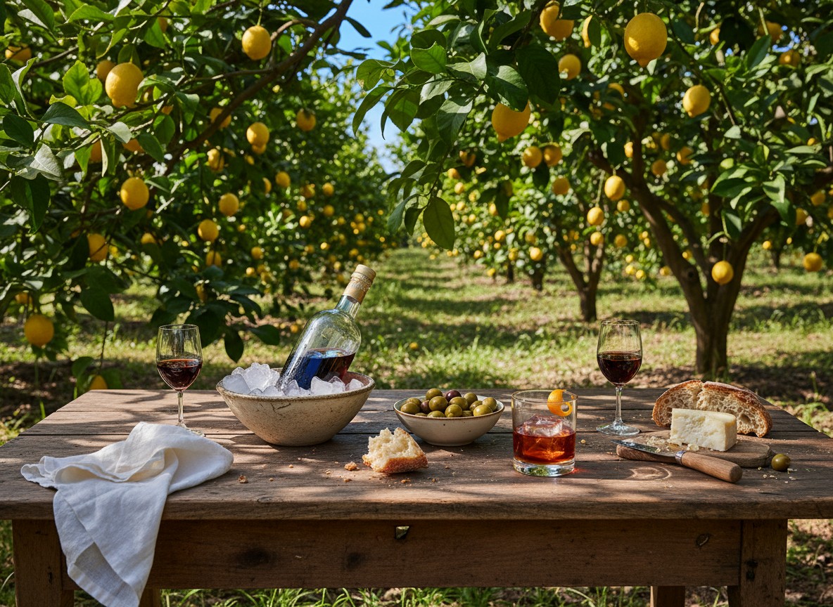 A rustic aperitif table in a sunlit Italian lemon grove with vermouth, Negroni, olives, and fresh bread.