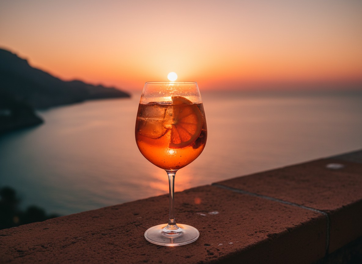 An Aperol Spritz glowing against a vivid orange-pink Amalfi Coast sunset sky on a cliffside restaurant railing.